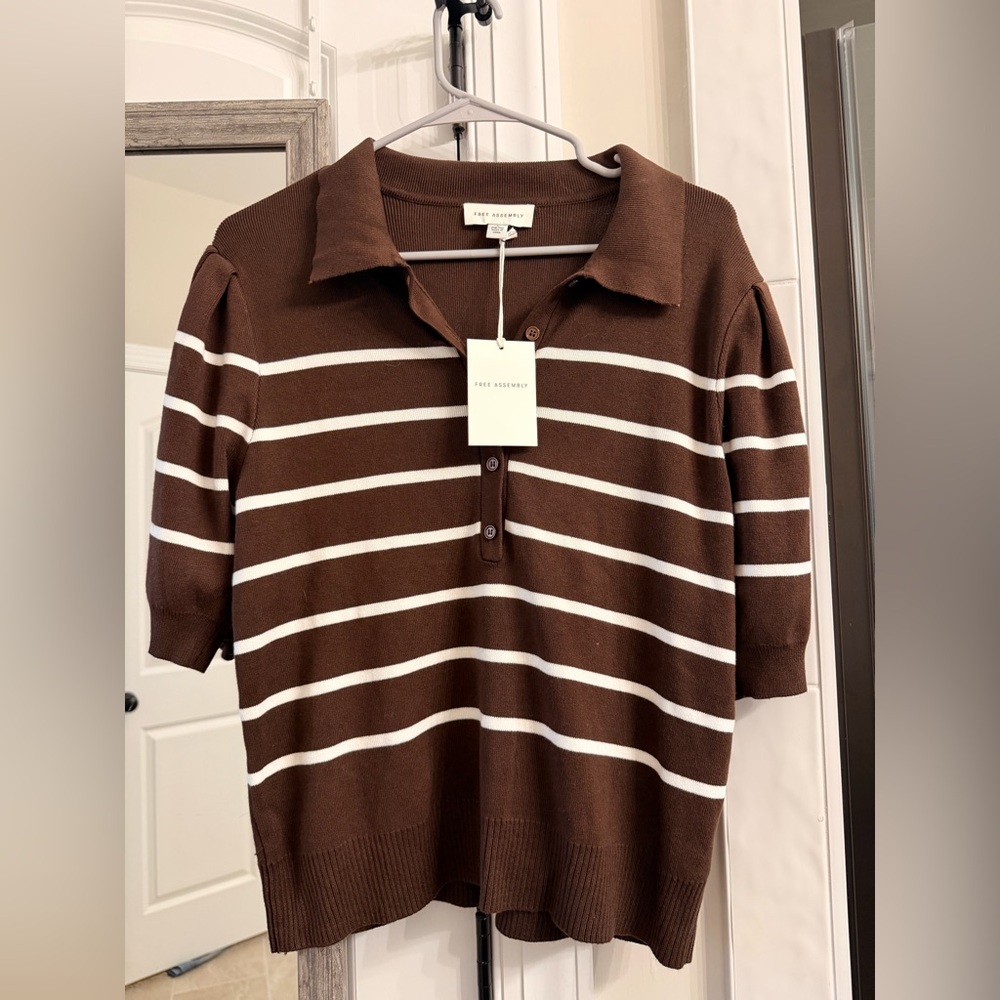 Rag & Bone Brown Stripe Short-Sleeve Polo Sweater